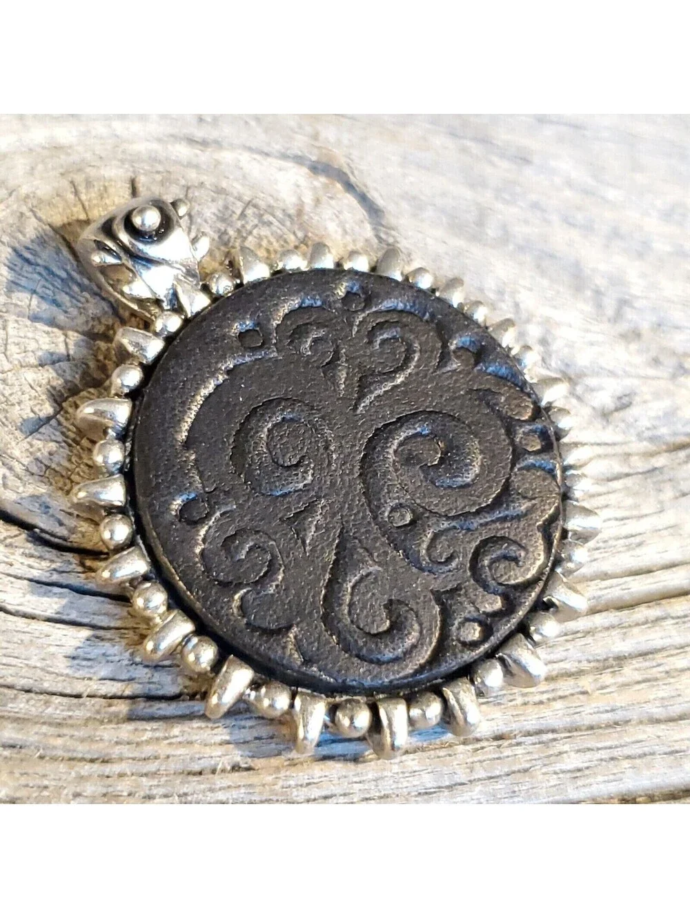 Vintage Black Leather Embossed Swirls Bali Style Bail Silver Pewter Pendant